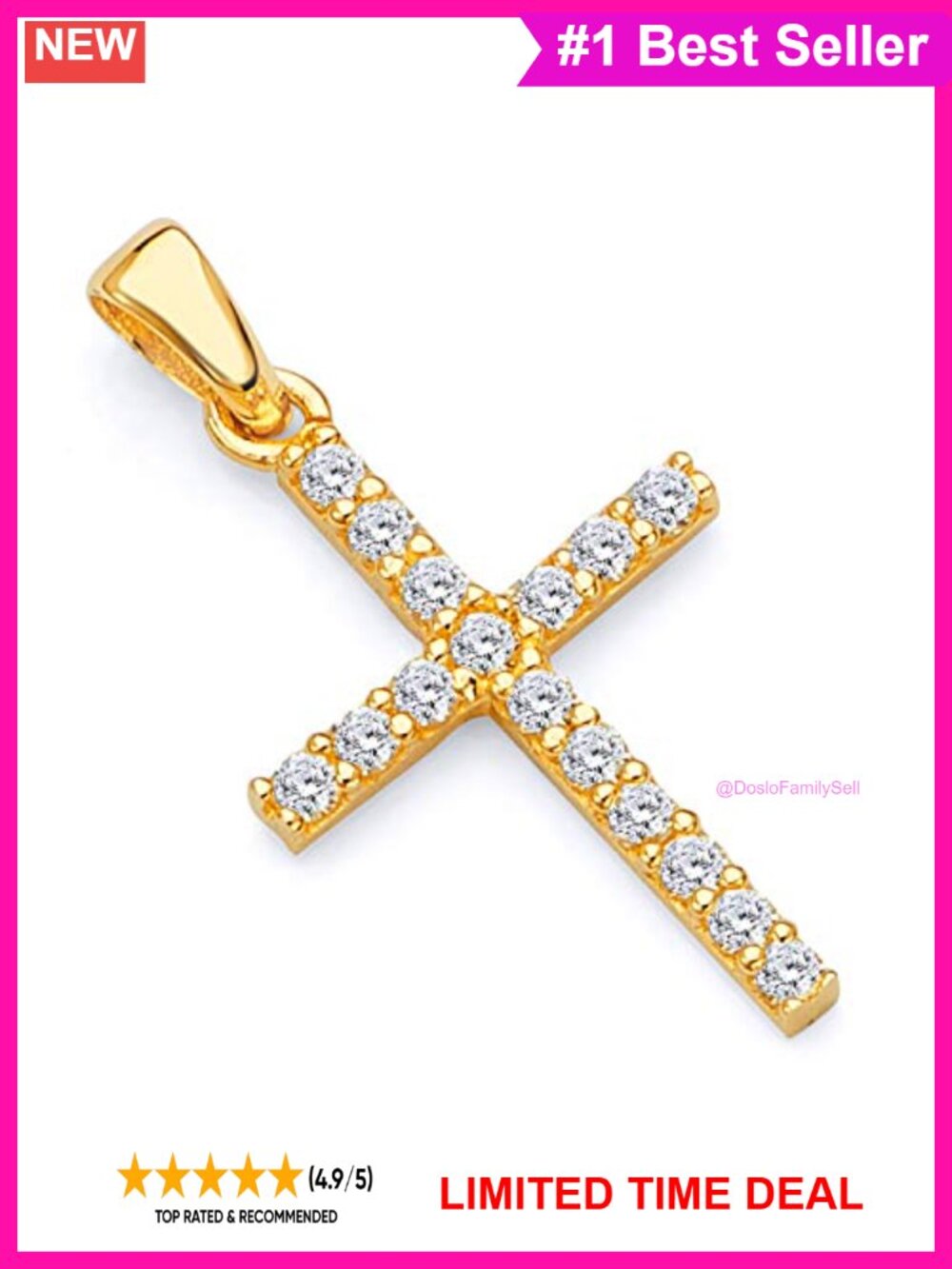 14k Gold Cross CZ Charm Pendant Slim Religious Jewelry Gift